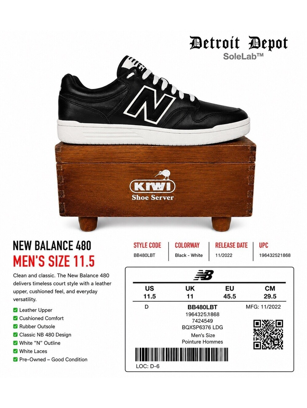 New Balance 480 Shoes BB480LBT Black White Men’s Size 11.5 New Without Box